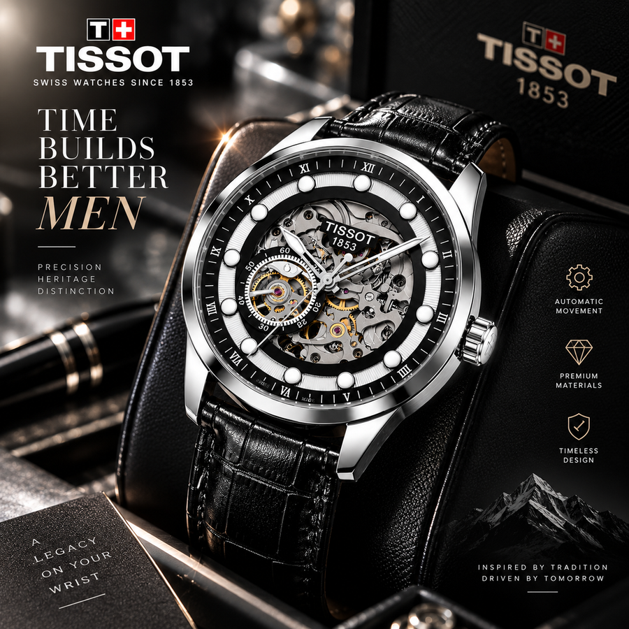 Luxury Black Skeleton Automatic Watch – Silver Case with Black Leather Strap