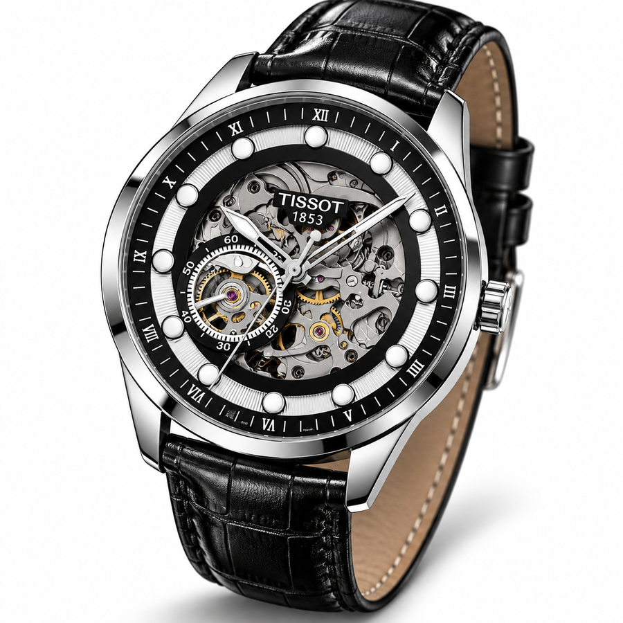 Luxury Black Skeleton Automatic Watch – Silver Case with Black Leather Strap