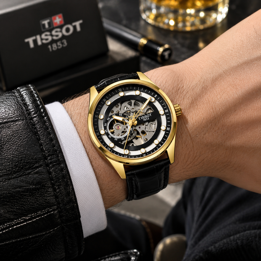 Luxury Gold Skeleton Watch – Black Leather Strap