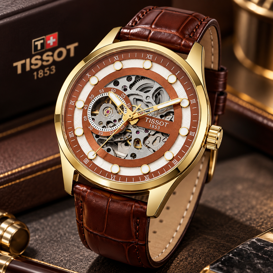 Luxury Gold Skeleton Automatic Watch – Brown Leather Strap