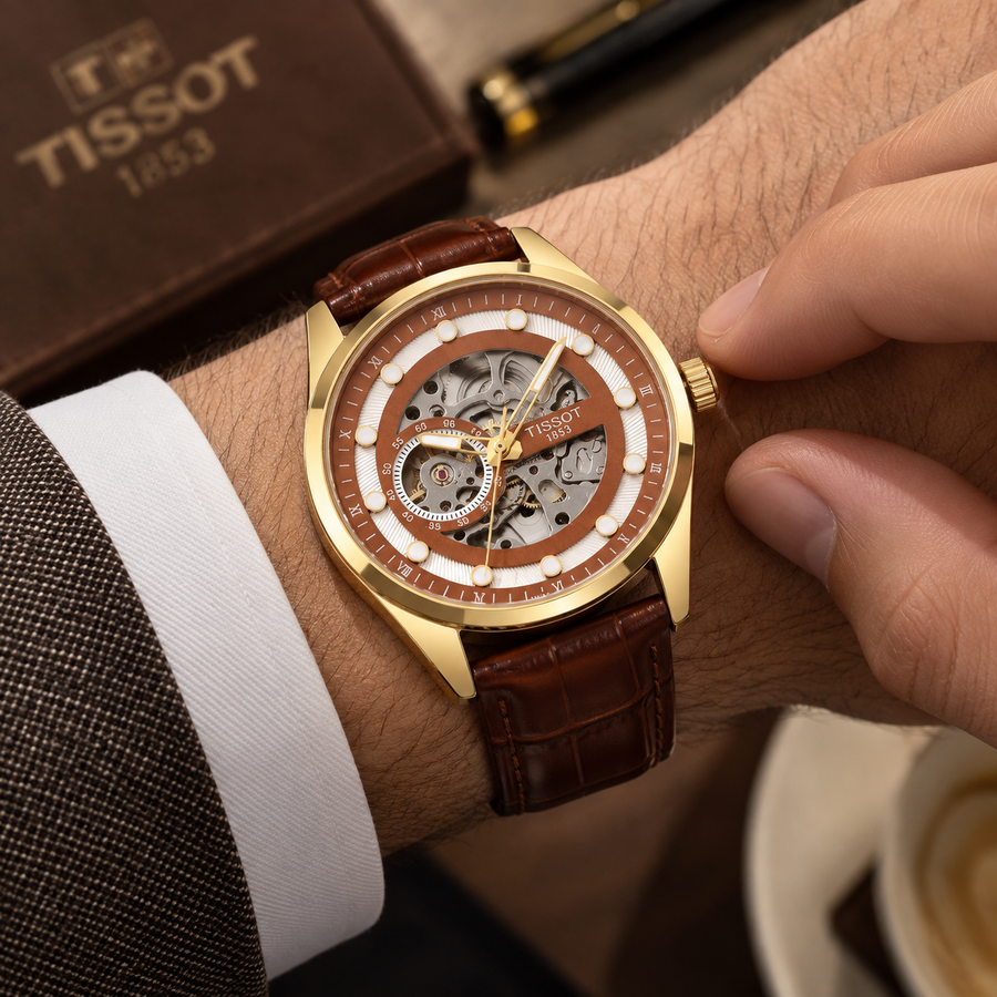 Luxury Gold Skeleton Automatic Watch – Brown Leather Strap