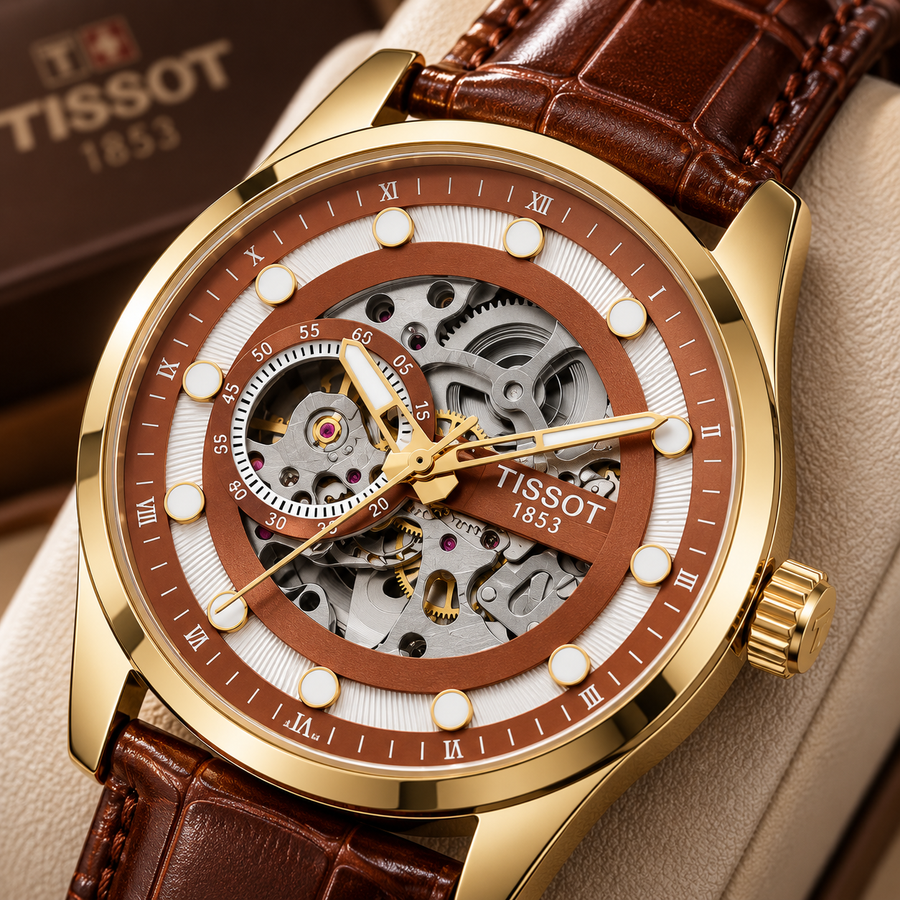 Luxury Gold Skeleton Automatic Watch – Brown Leather Strap