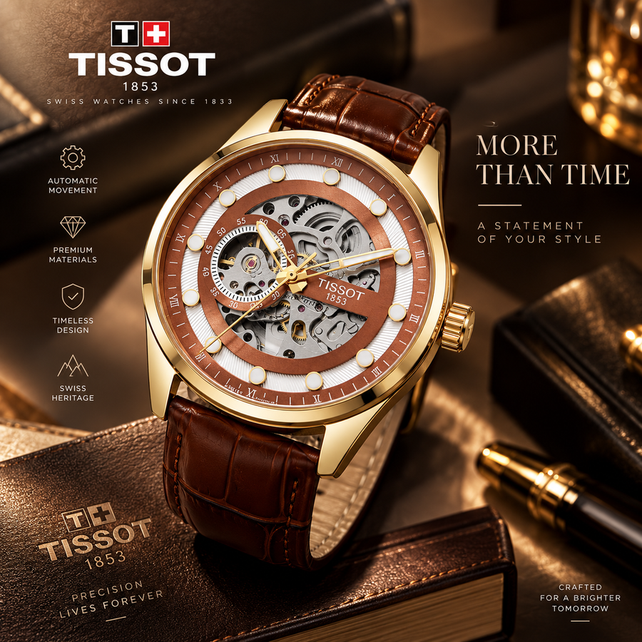 Luxury Gold Skeleton Automatic Watch – Brown Leather Strap