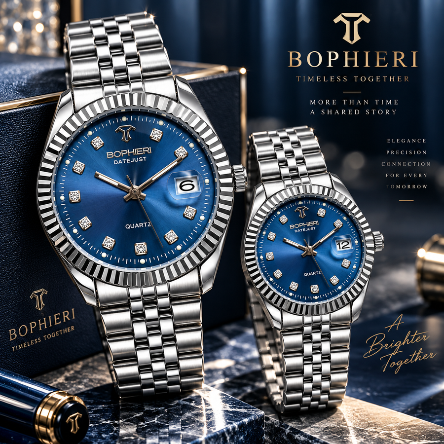 Luxury Silver Couple Watches Set – Blue Dial