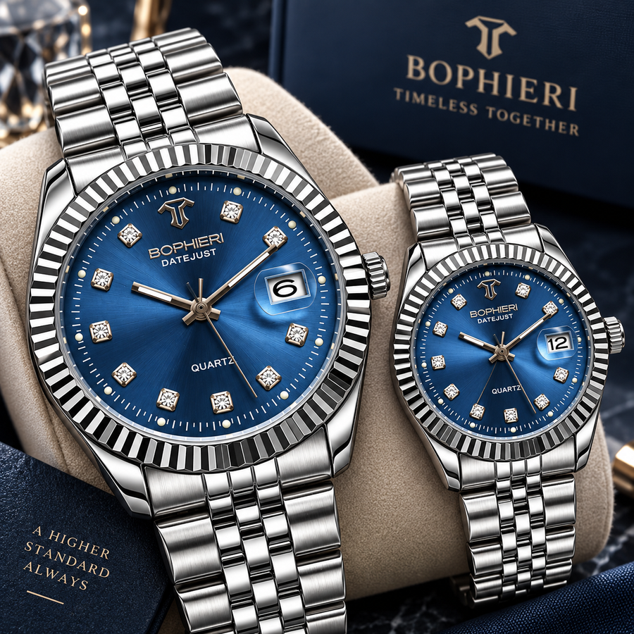 Luxury Silver Couple Watches Set – Blue Dial