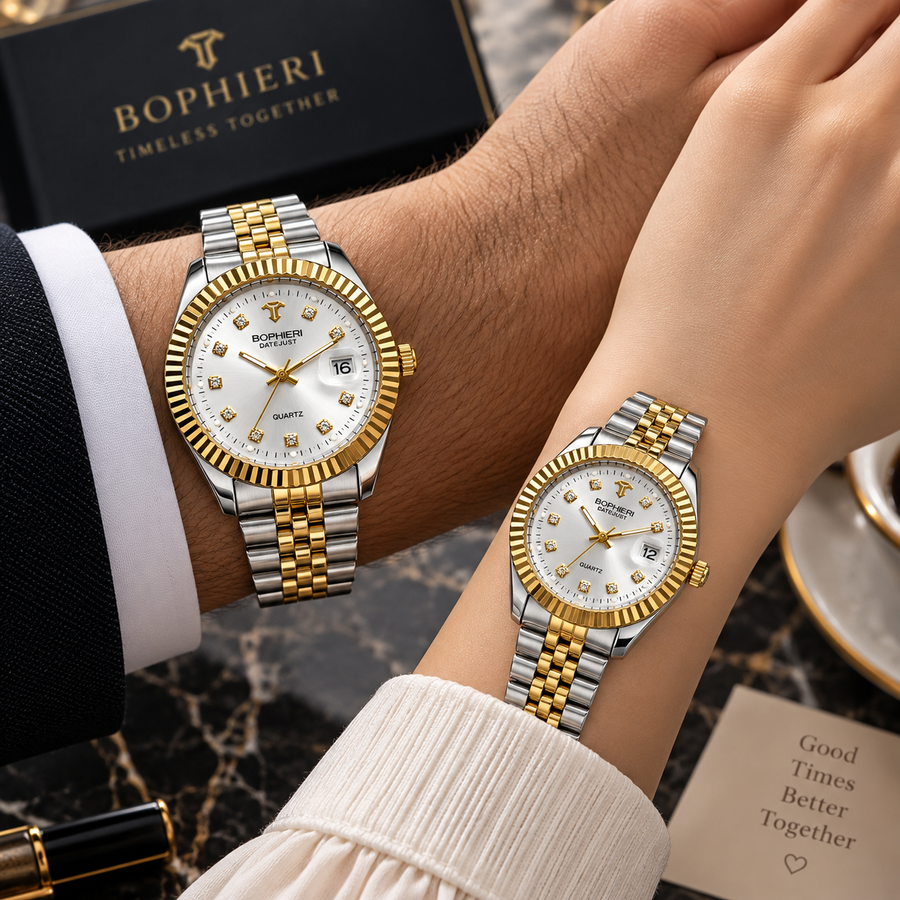Luxury Two-Tone Couple Watches Set – White Dial