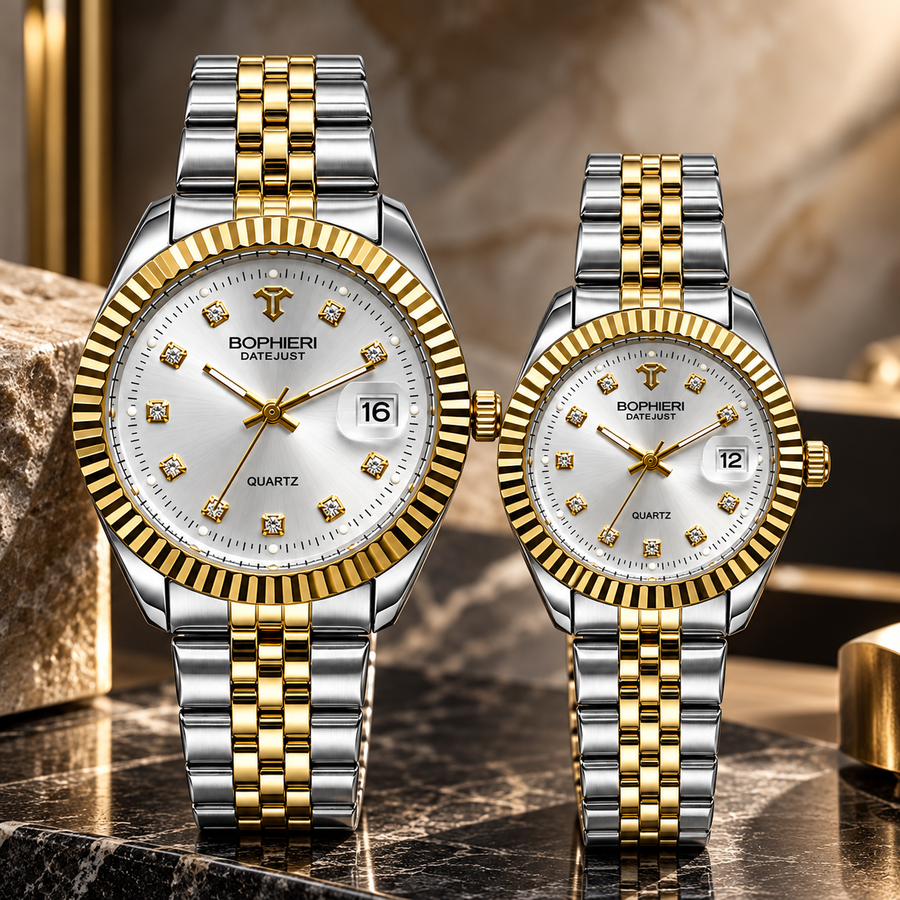 Luxury Two-Tone Couple Watches Set – White Dial