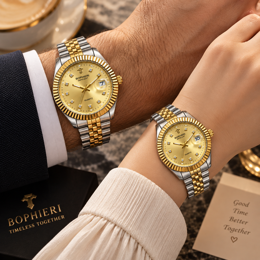 Luxury Two-Tone Couple Watches Set – Gold Dial