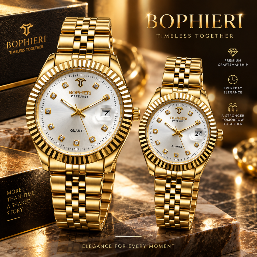 Luxury Gold Couple Watches Set – White Dial