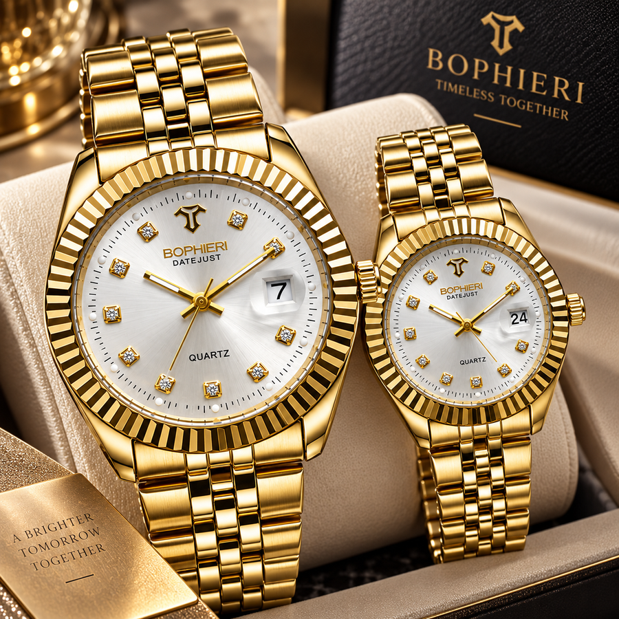 Luxury Gold Couple Watches Set – White Dial