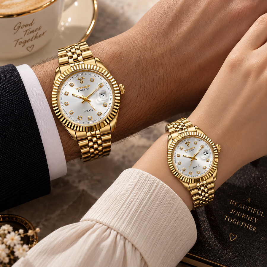 Luxury Gold Couple Watches Set – White Dial
