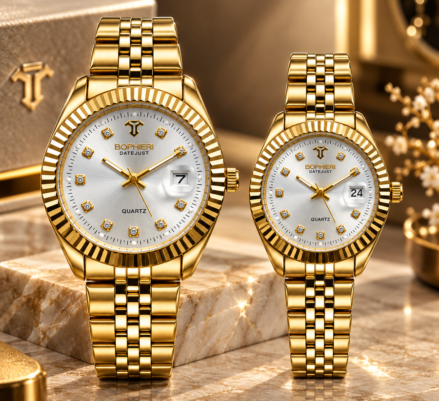 Luxury Gold Couple Watches Set – White Dial