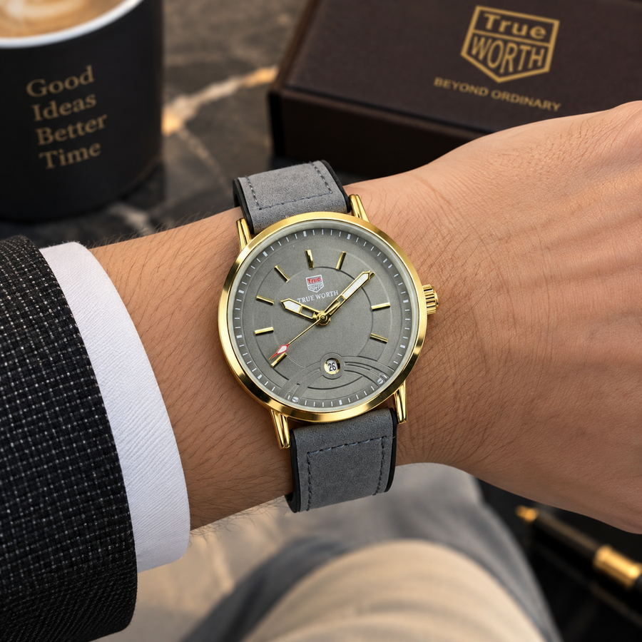 Luxury Gold Tone Grey Dial Leather Strap Watch