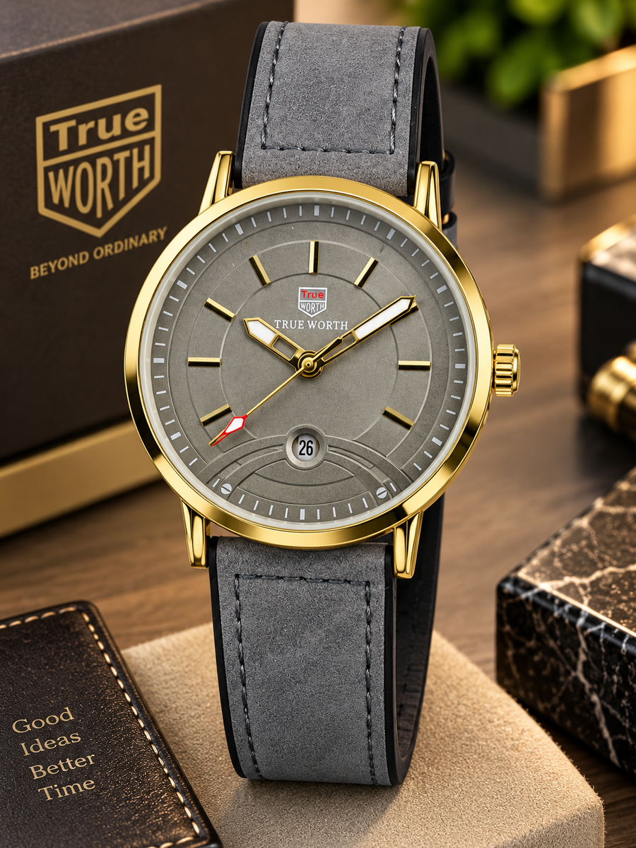 Luxury Gold Tone Grey Dial Leather Strap Watch
