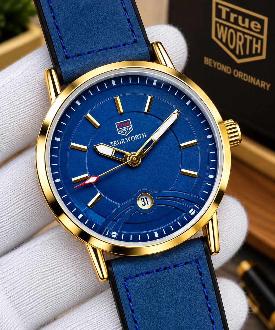 Luxury Blue & Gold Leather Strap Watch