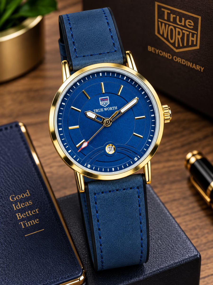 Luxury Blue & Gold Leather Strap Watch