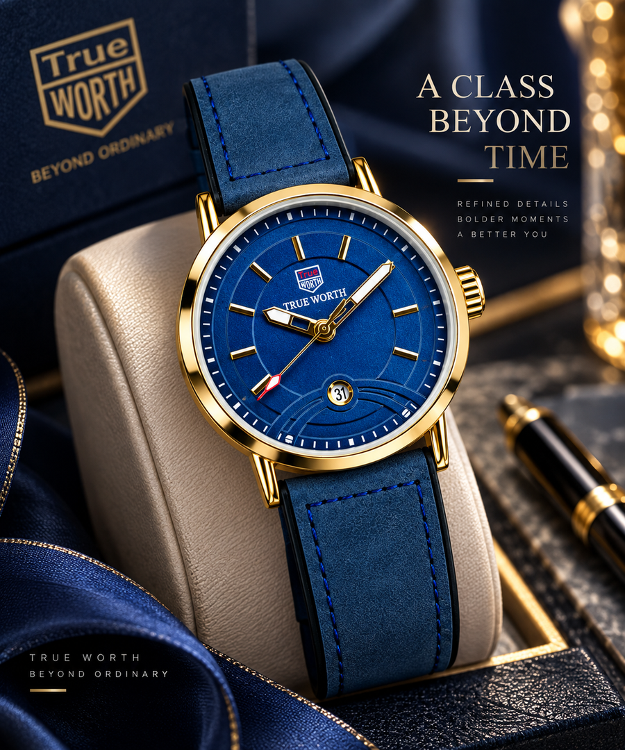 Luxury Blue & Gold Leather Strap Watch