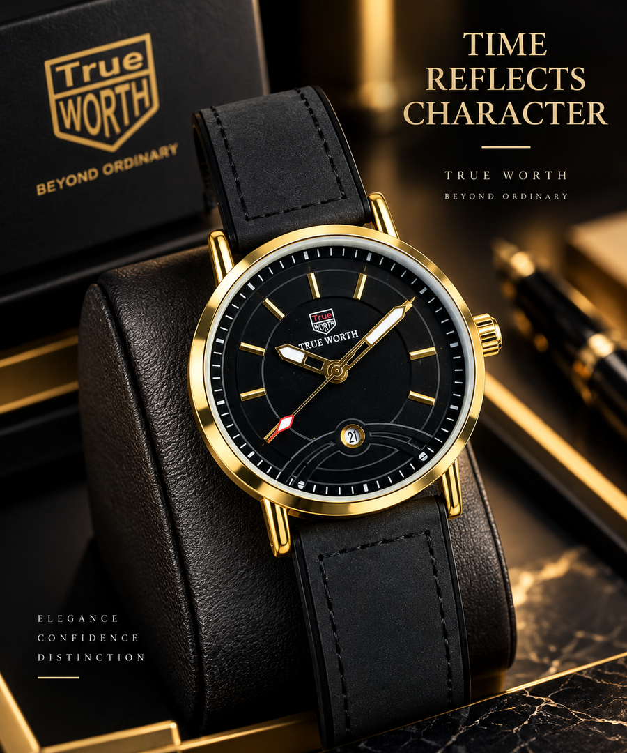 Luxury Black & Gold Leather Strap Watch