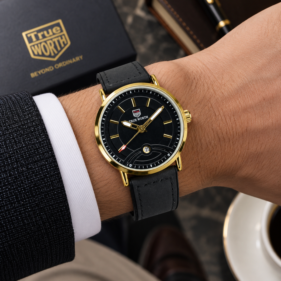 Luxury Black & Gold Leather Strap Watch
