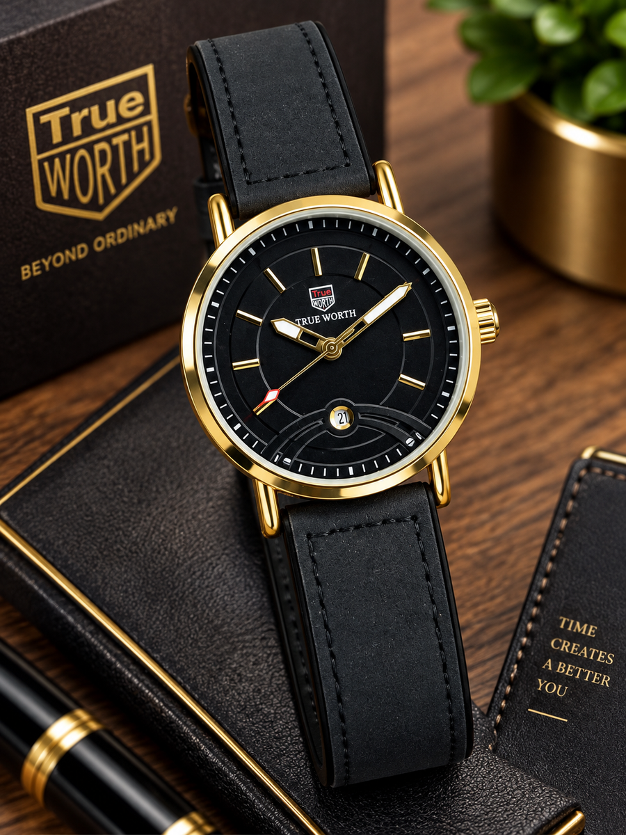 Luxury Black & Gold Leather Strap Watch