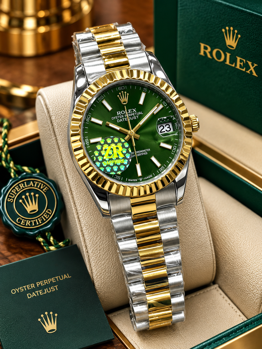 Luxury Two-Tone Green Dial Stainless Steel Watch