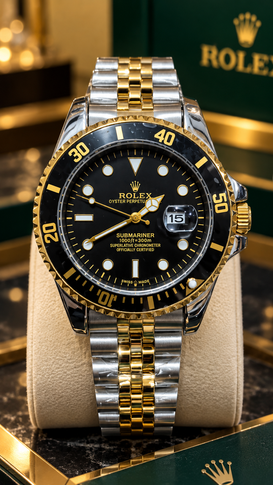Luxury Two-Tone Black Dial Diver Style Watch