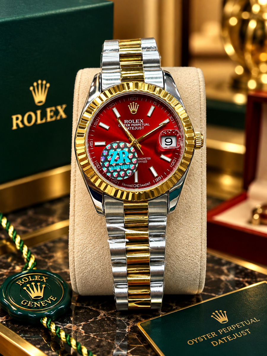 Luxury Two-Tone Red Dial Stainless Steel Watch
