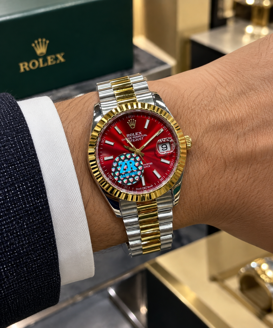 Luxury Two-Tone Red Dial Stainless Steel Watch