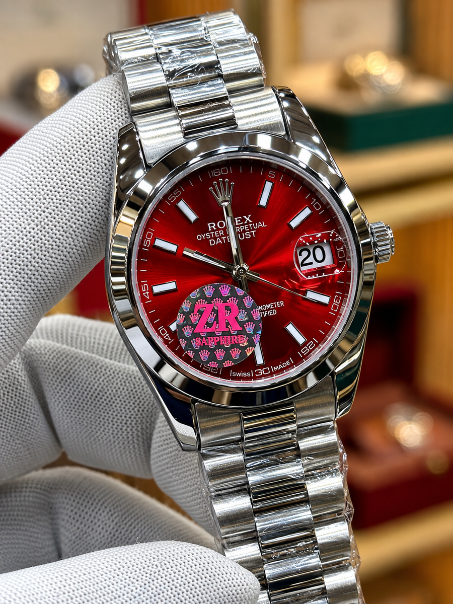 Luxury Silver Stainless Steel Red Dial Watch