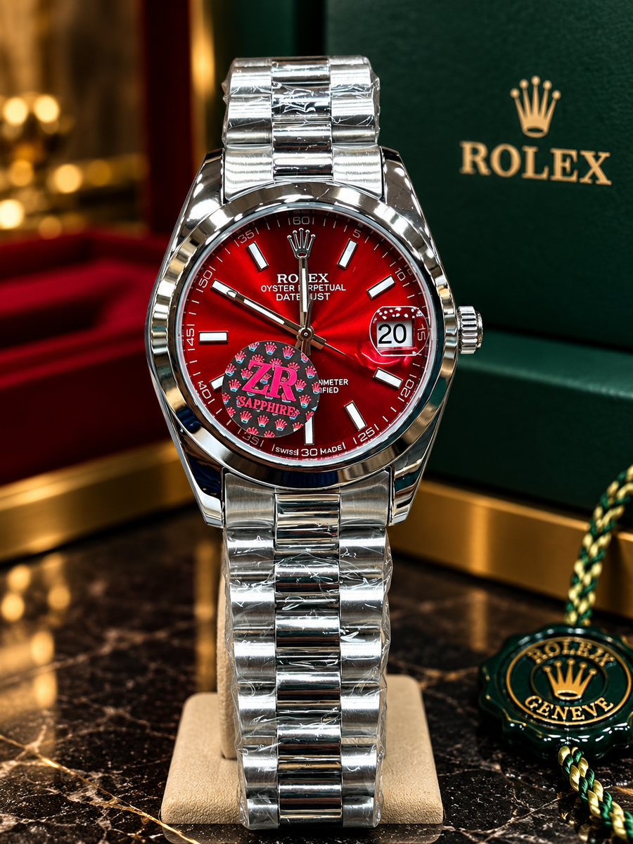 Luxury Silver Stainless Steel Red Dial Watch