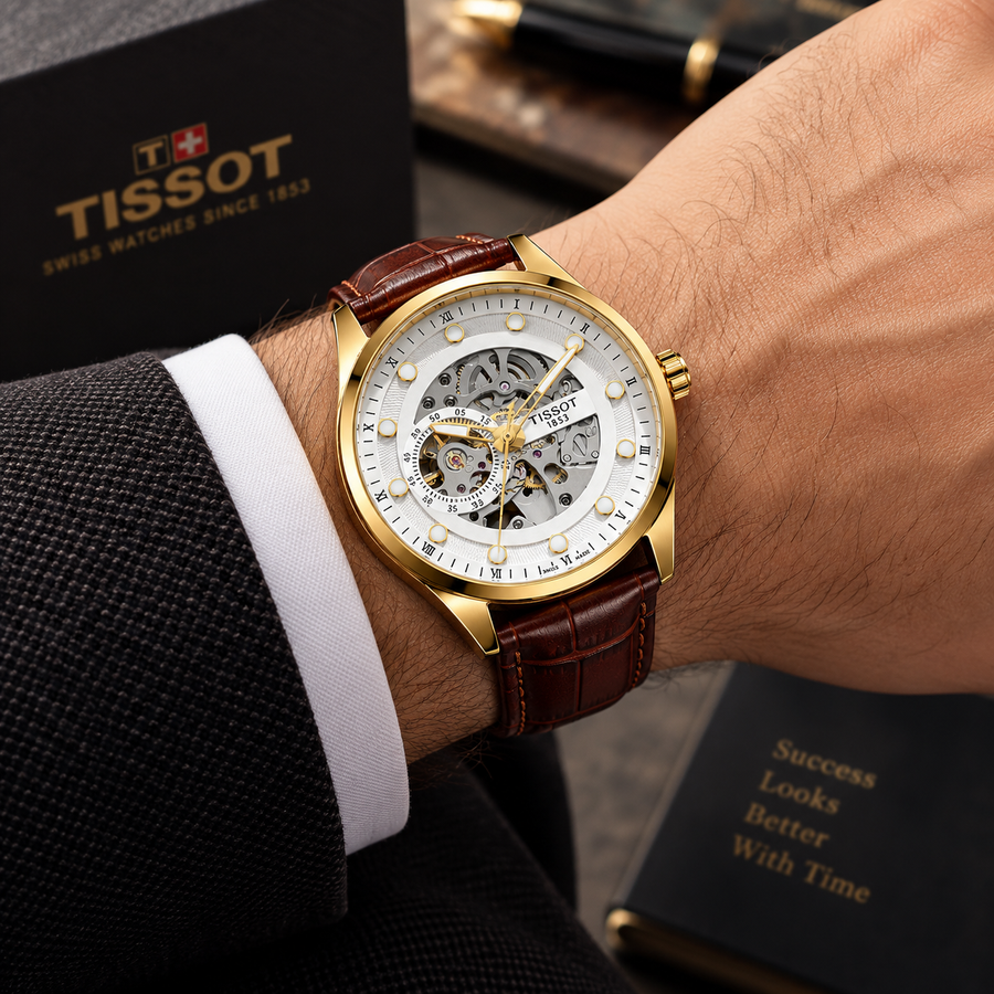 Luxury Gold Skeleton Automatic Watch – Brown Leather Strap