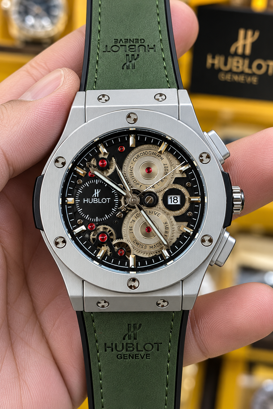 Luxury Automatic Green Leather Strap Chronograph Watch