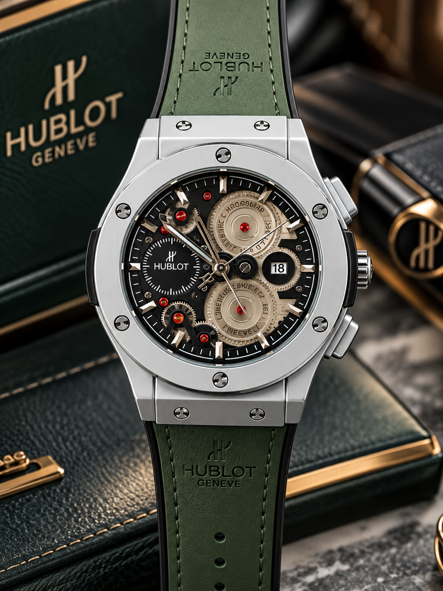 Luxury Automatic Green Leather Strap Chronograph Watch