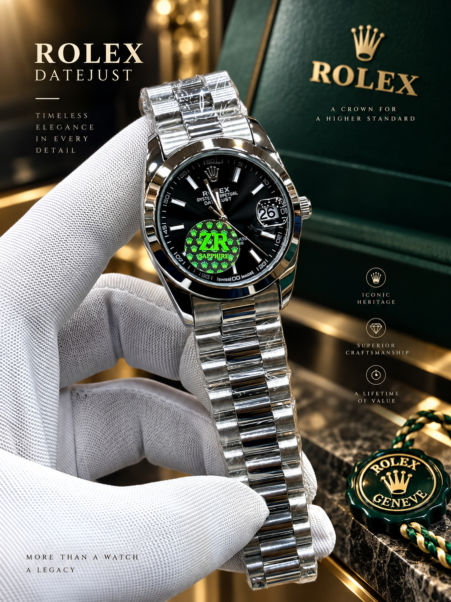 Luxury Silver Stainless Steel Black Dial Watch