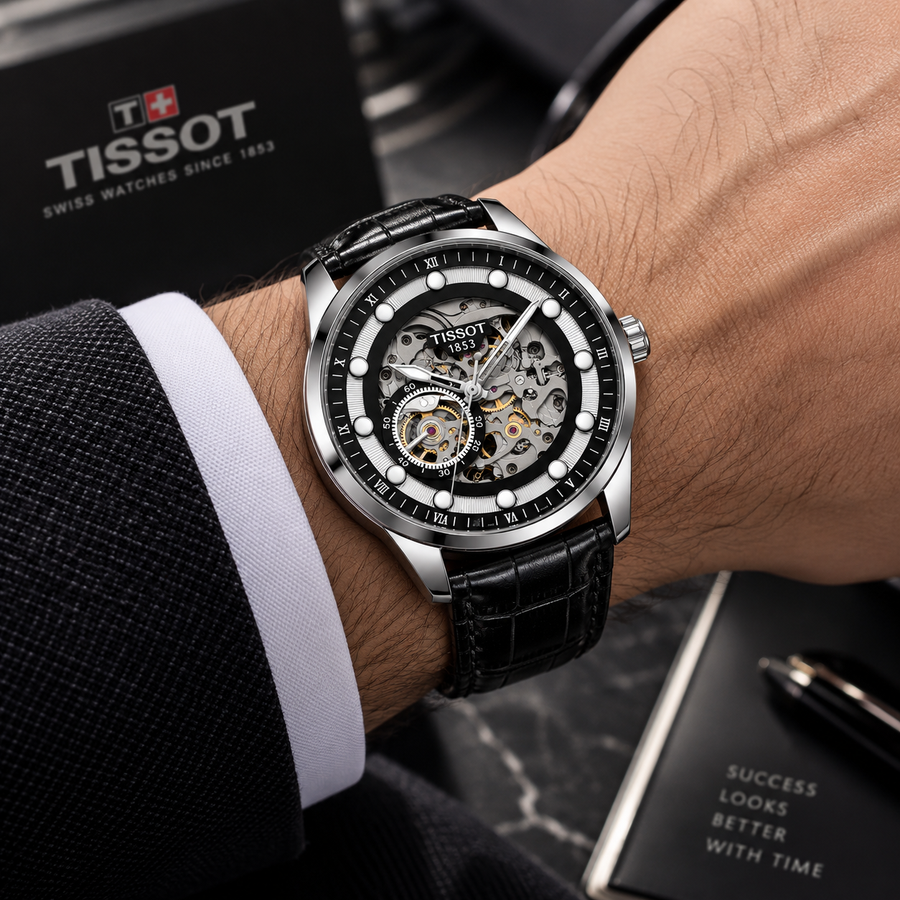 Luxury Black Skeleton Automatic Watch – Silver Case with Black Leather Strap