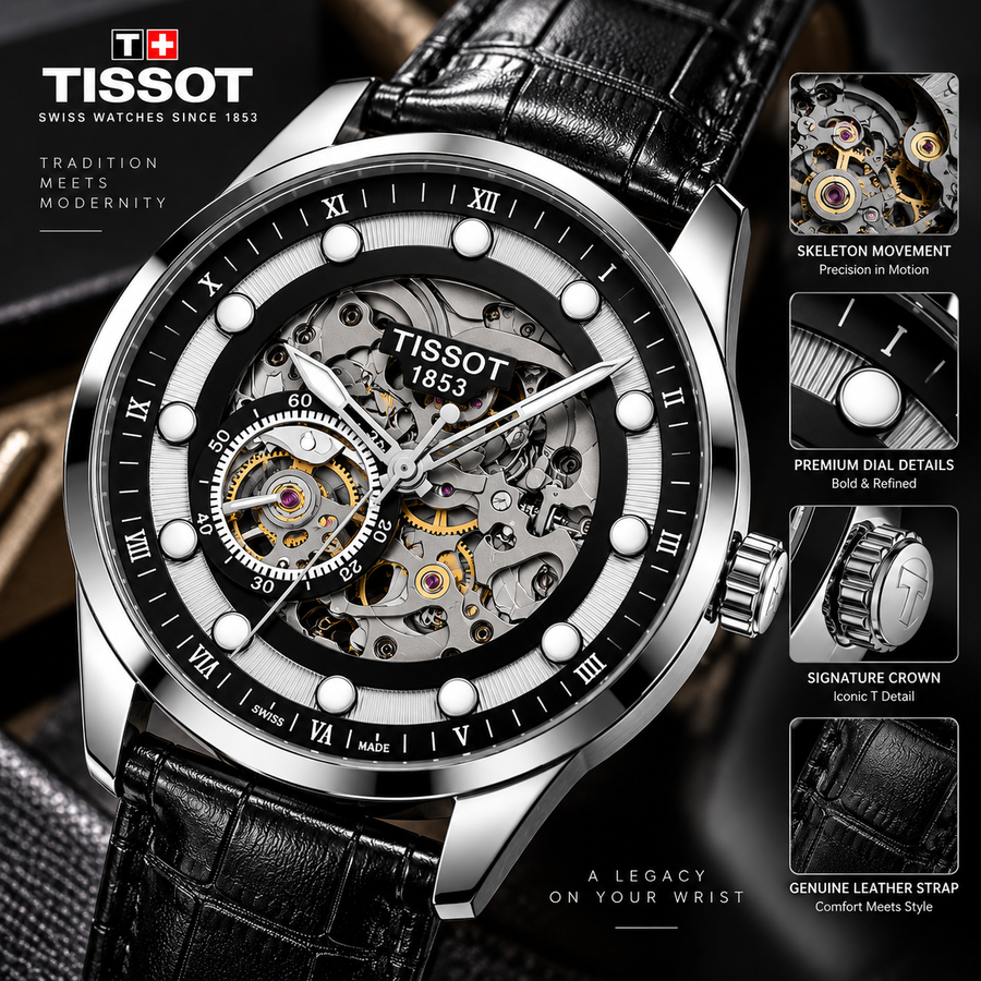 Luxury Black Skeleton Automatic Watch – Silver Case with Black Leather Strap
