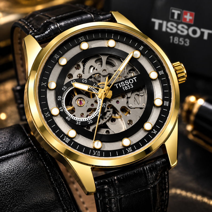 Luxury Gold Skeleton Watch – Black Leather Strap