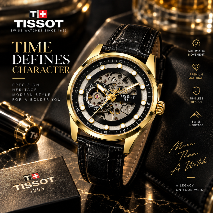 Luxury Gold Skeleton Watch – Black Leather Strap