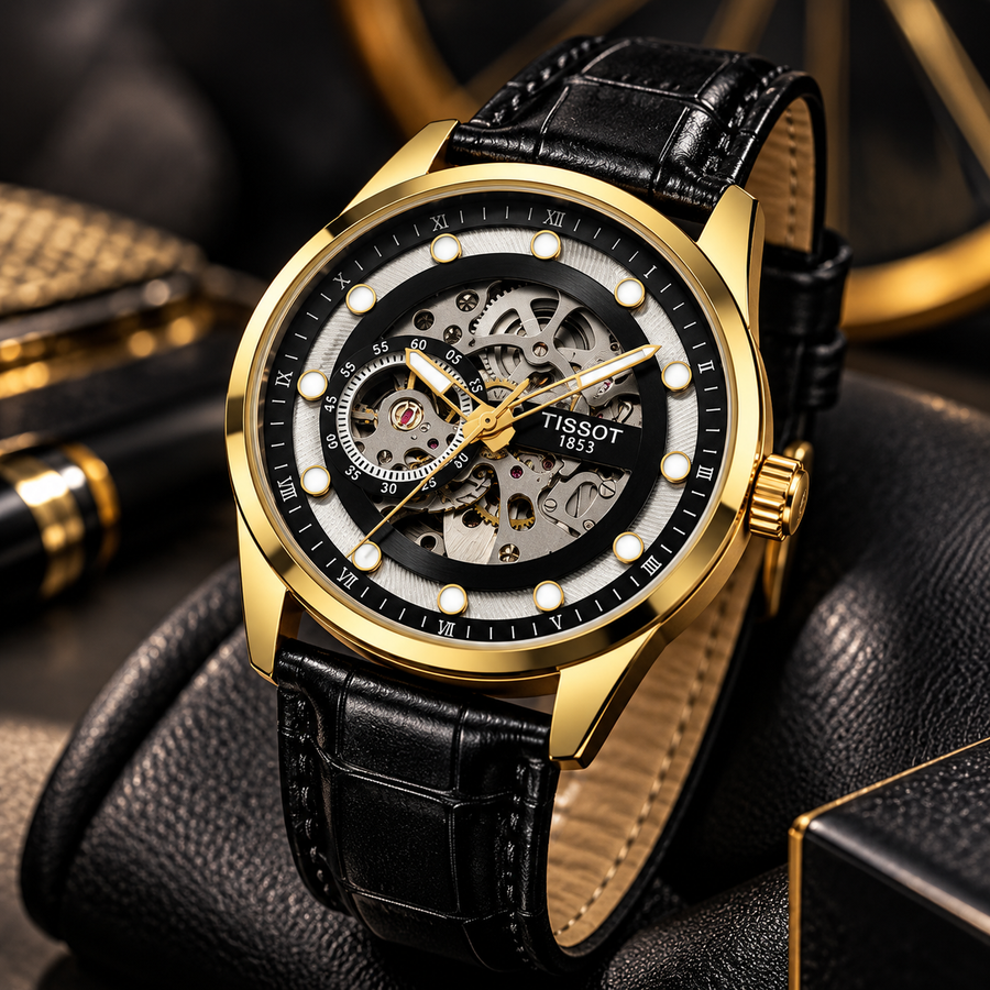 Luxury Gold Skeleton Watch – Black Leather Strap
