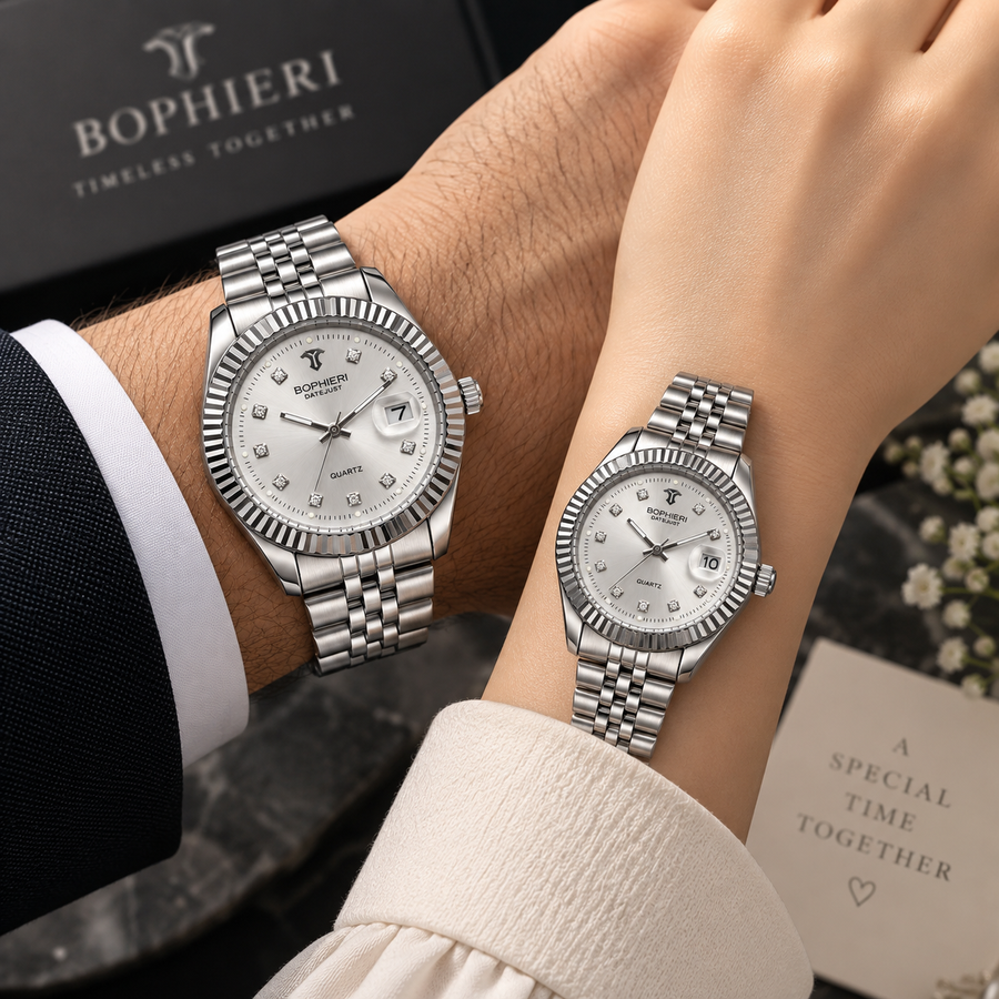 Luxury Silver Couple Watches Set – White Dial