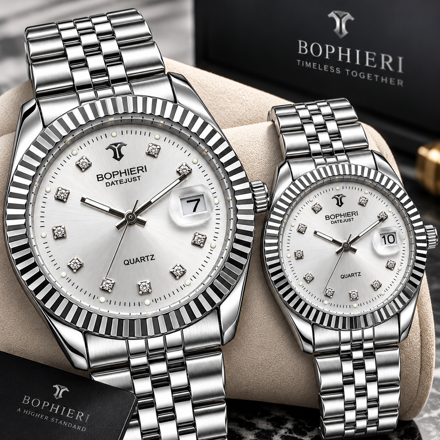 Luxury Silver Couple Watches Set – White Dial