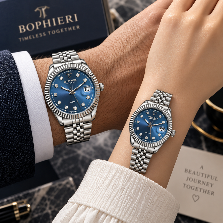 Luxury Silver Couple Watches Set – Blue Dial