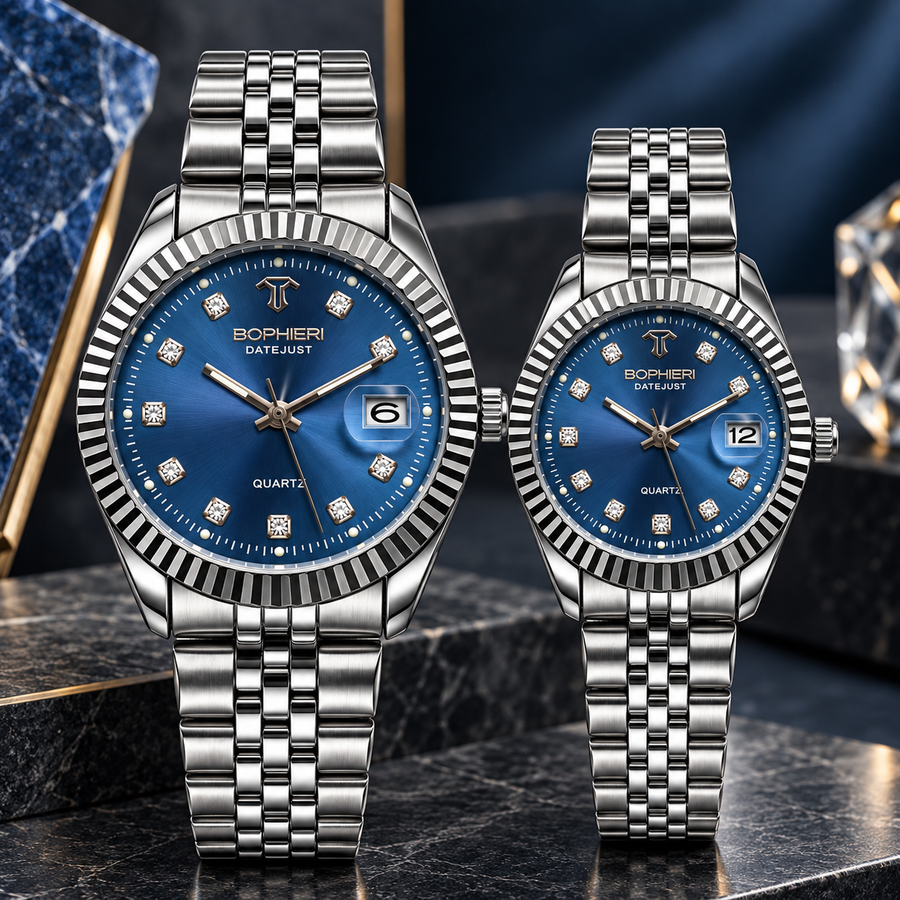 Luxury Silver Couple Watches Set – Blue Dial