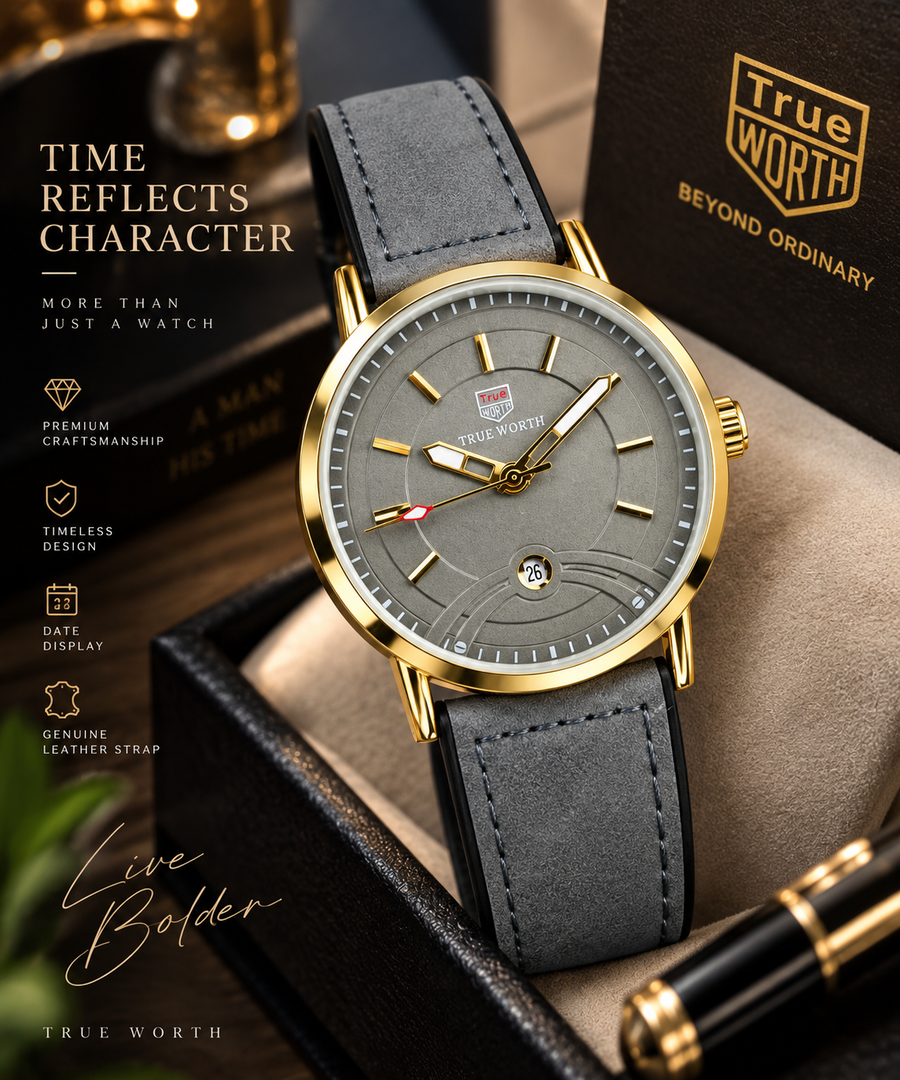 Luxury Gold Tone Grey Dial Leather Strap Watch