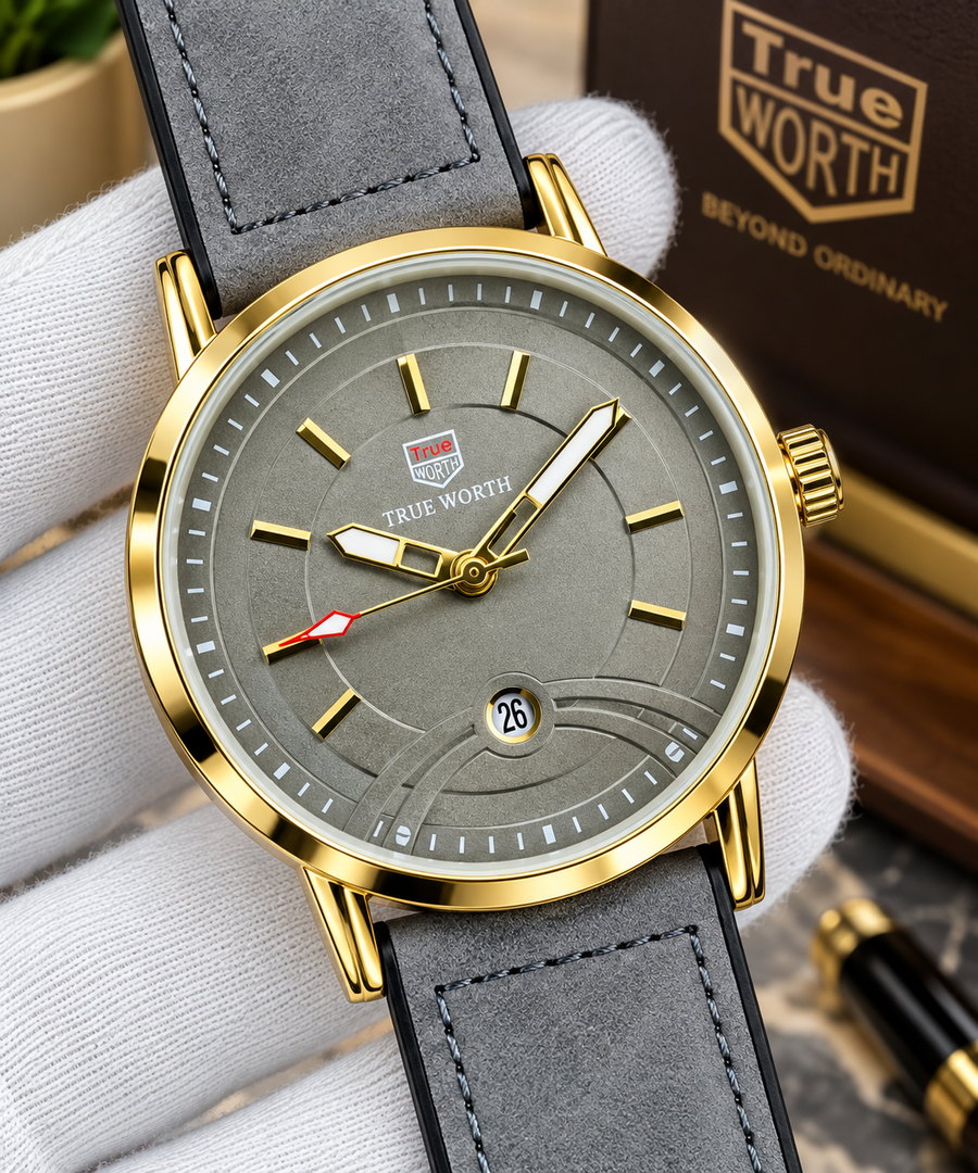 Luxury Gold Tone Grey Dial Leather Strap Watch
