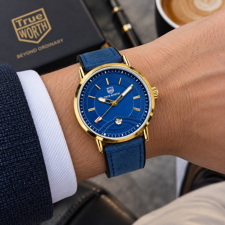 Luxury Blue & Gold Leather Strap Watch