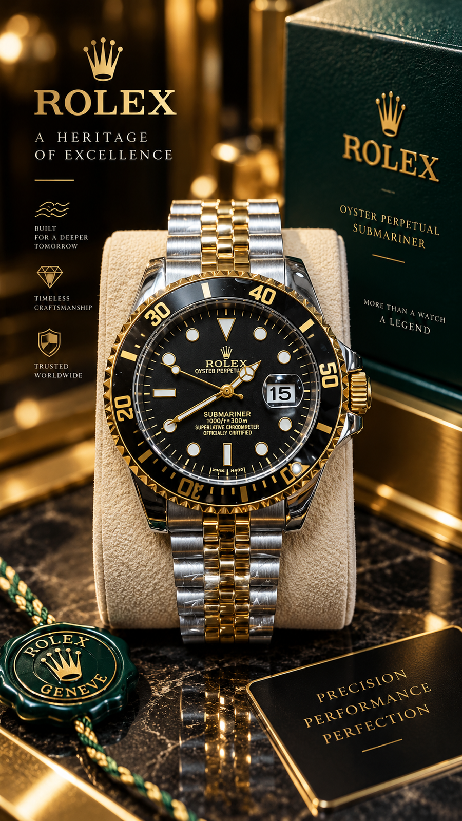 Luxury Two-Tone Black Dial Diver Style Watch