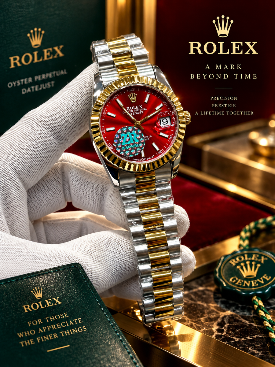 Luxury Two-Tone Red Dial Stainless Steel Watch