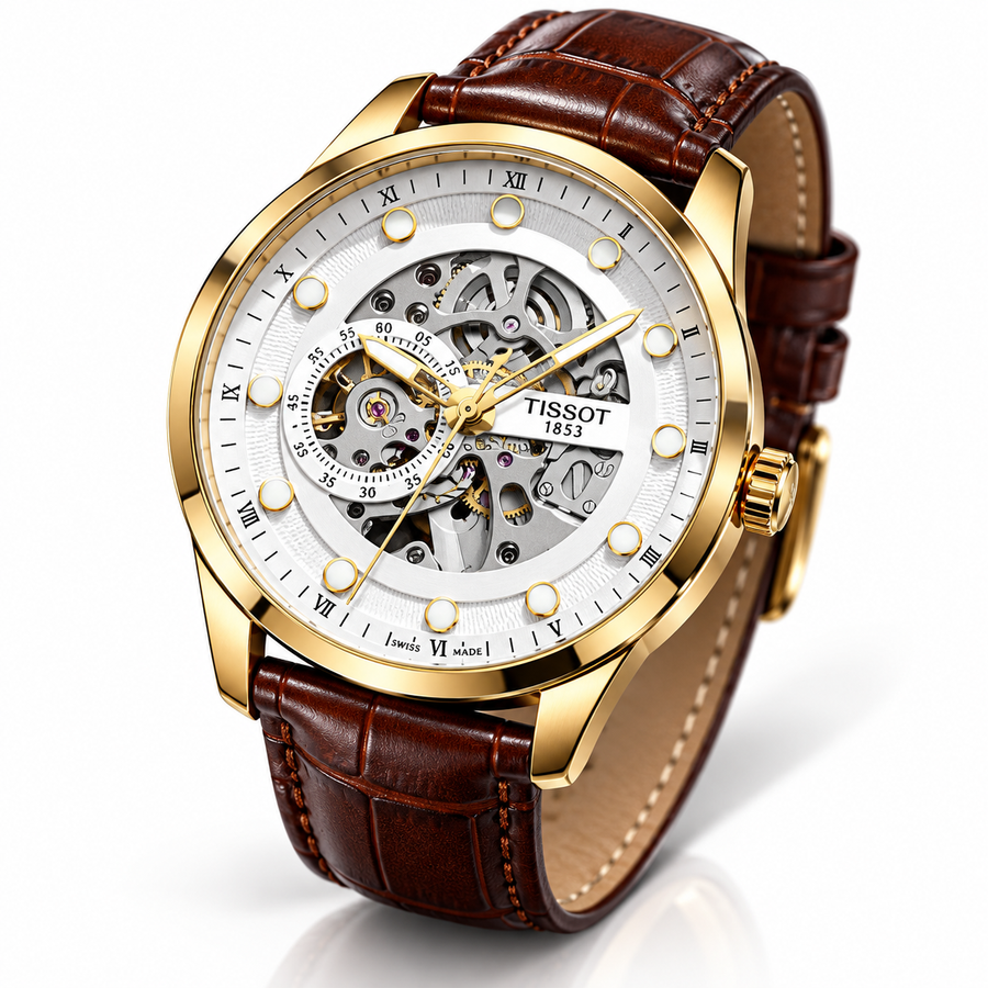 Luxury Gold Skeleton Automatic Watch – Brown Leather Strap