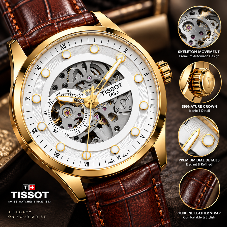 Luxury Gold Skeleton Automatic Watch – Brown Leather Strap